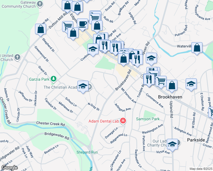 map of restaurants, bars, coffee shops, grocery stores, and more near 4108 Woodland Avenue in Brookhaven