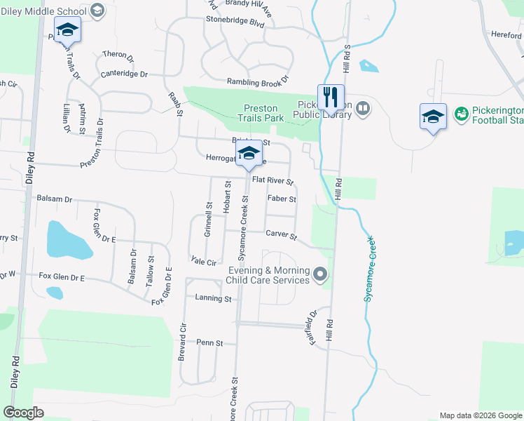 map of restaurants, bars, coffee shops, grocery stores, and more near 427 Vanderbuilt Street in Pickerington