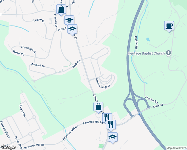 map of restaurants, bars, coffee shops, grocery stores, and more near 6848 Seneca Ridge Drive in York