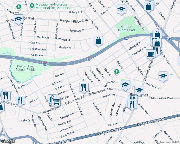 map of restaurants, bars, coffee shops, grocery stores, and more near 507 Charles Avenue in Barrington