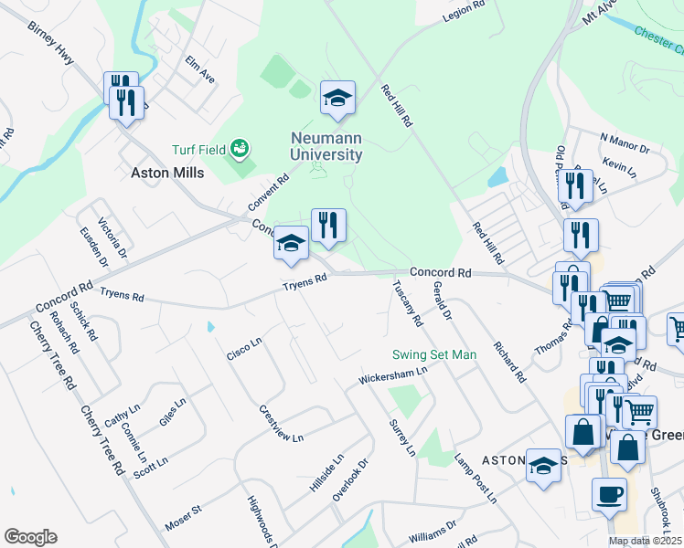 map of restaurants, bars, coffee shops, grocery stores, and more near 4020 Concord Rd in Aston