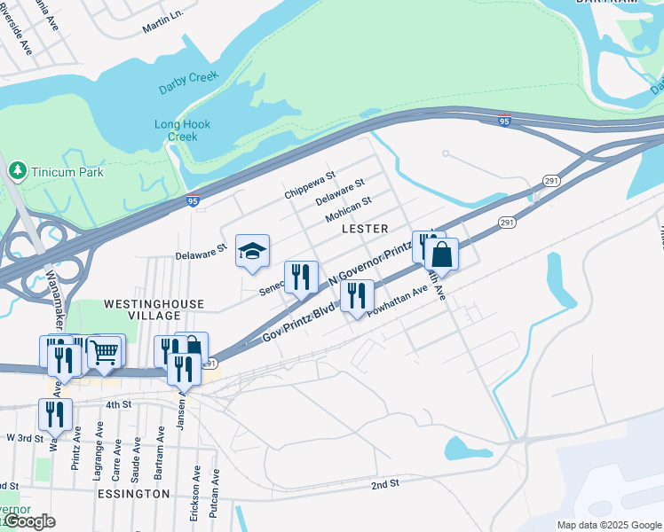 map of restaurants, bars, coffee shops, grocery stores, and more near 207 Seneca Street in Delaware County