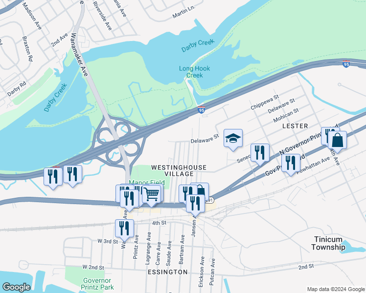 map of restaurants, bars, coffee shops, grocery stores, and more near 648 Saude Avenue in Tinicum Township