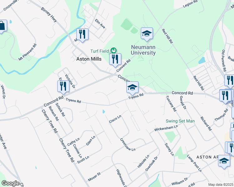 map of restaurants, bars, coffee shops, grocery stores, and more near 8 Worth Hill Lane in Delaware County