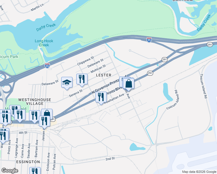 map of restaurants, bars, coffee shops, grocery stores, and more near in Tinicum Township