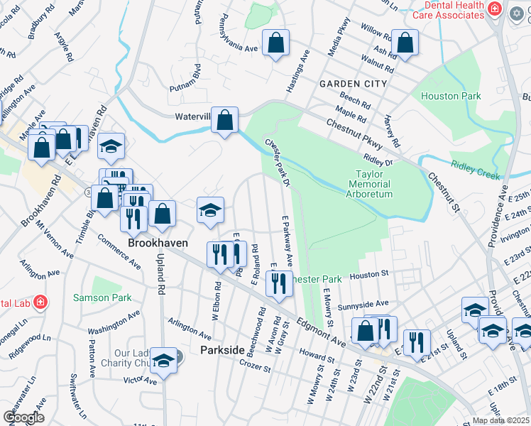 map of restaurants, bars, coffee shops, grocery stores, and more near 222 East Avon Road in Brookhaven