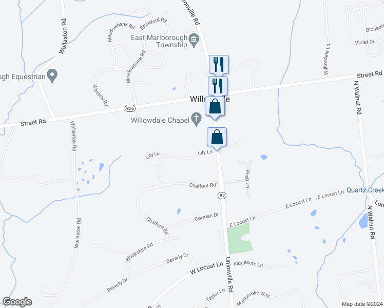 map of restaurants, bars, coffee shops, grocery stores, and more near 210 Lily Lane in Kennett Square
