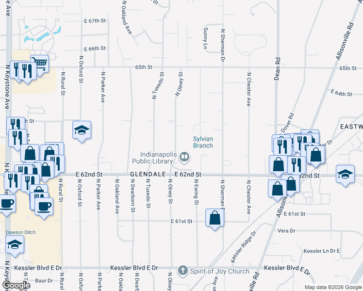 map of restaurants, bars, coffee shops, grocery stores, and more near 6247 North Olney Street in Indianapolis