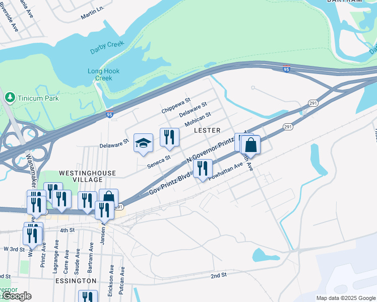map of restaurants, bars, coffee shops, grocery stores, and more near 207 Seneca Street in Delaware County