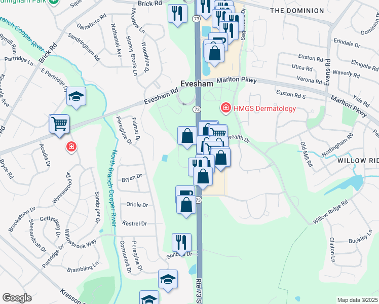 map of restaurants, bars, coffee shops, grocery stores, and more near 701 New Jersey 73 in Evesham