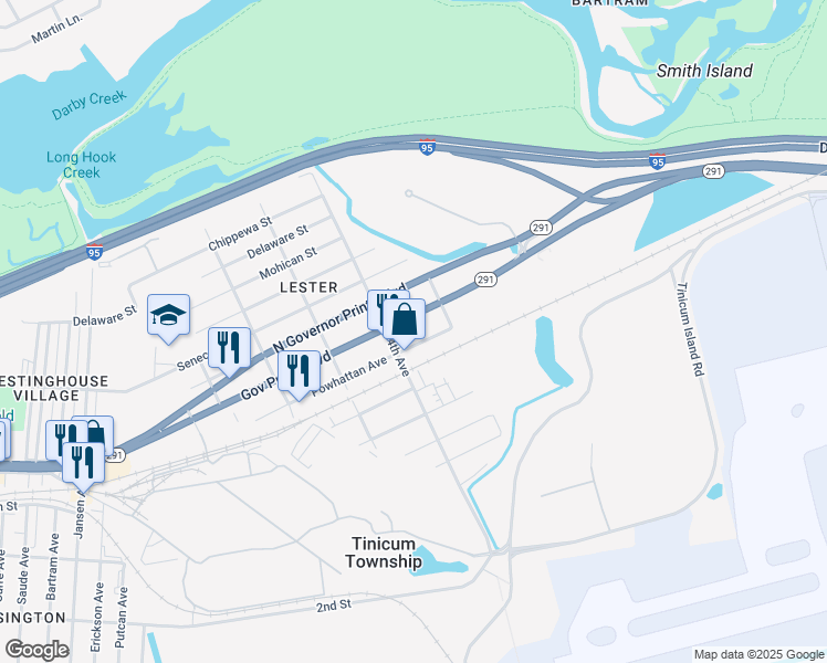 map of restaurants, bars, coffee shops, grocery stores, and more near 423 South Governor Printz Boulevard in Tinicum Township