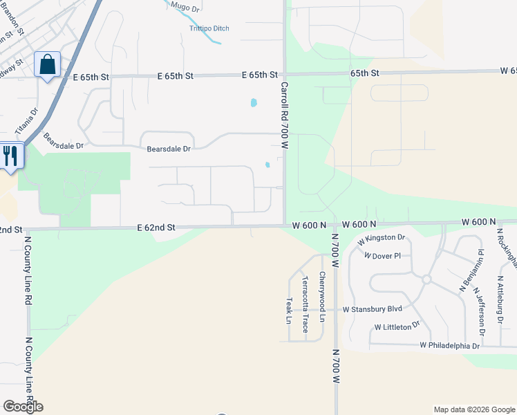 map of restaurants, bars, coffee shops, grocery stores, and more near 12717 White Rabbit Drive in Indianapolis