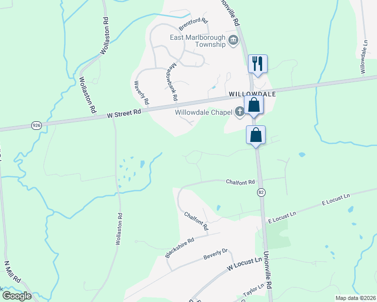 map of restaurants, bars, coffee shops, grocery stores, and more near 251 Lily Lane in Kennett Square