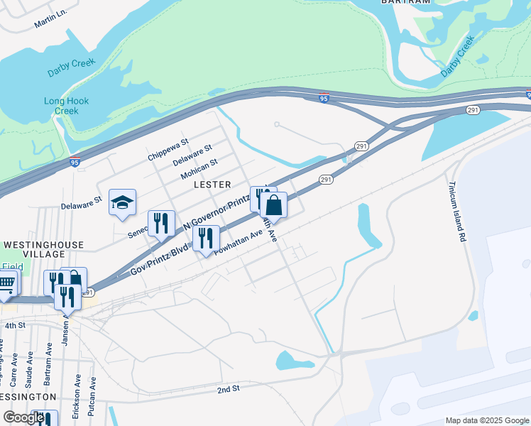 map of restaurants, bars, coffee shops, grocery stores, and more near 405 Powhattan Avenue in Tinicum Township