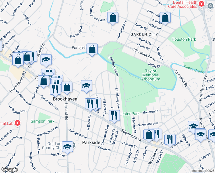 map of restaurants, bars, coffee shops, grocery stores, and more near 203 East Roland Road in Brookhaven