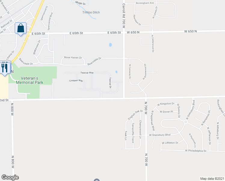 map of restaurants, bars, coffee shops, grocery stores, and more near 12717 White Rabbit Drive in Indianapolis