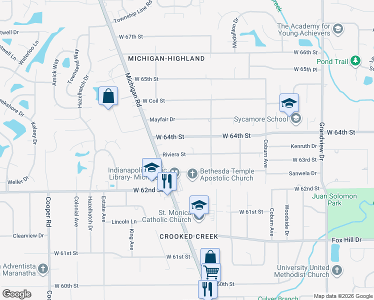 map of restaurants, bars, coffee shops, grocery stores, and more near 2205 Riviera Street in Indianapolis