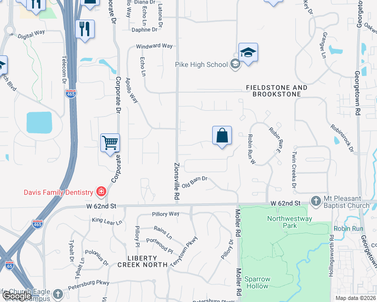 map of restaurants, bars, coffee shops, grocery stores, and more near 5539 Younkin Drive in Indianapolis