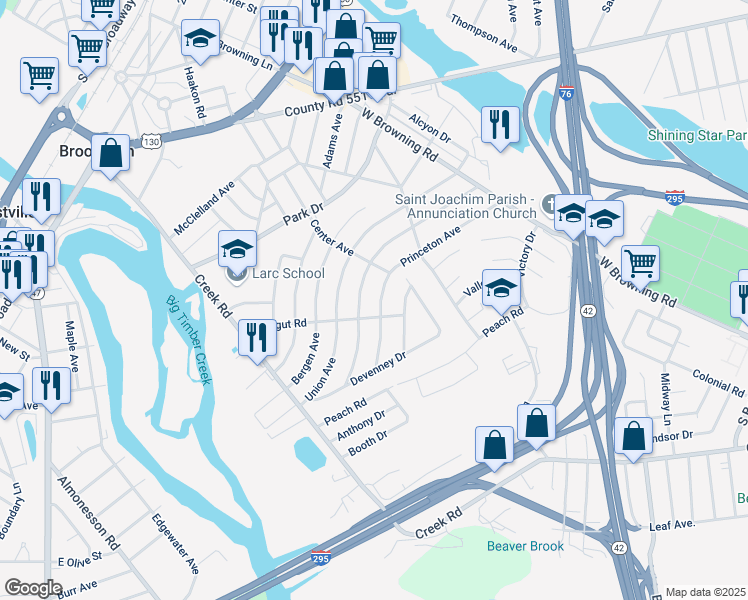 map of restaurants, bars, coffee shops, grocery stores, and more near 156 Princeton Avenue in Bellmawr
