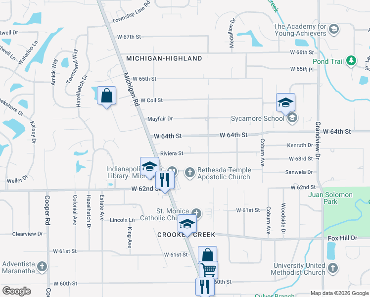 map of restaurants, bars, coffee shops, grocery stores, and more near 2205 Riviera Street in Indianapolis
