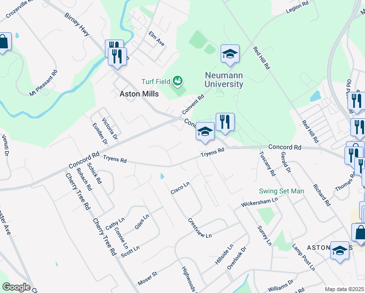 map of restaurants, bars, coffee shops, grocery stores, and more near 8 Worth Hill Lane in Delaware County