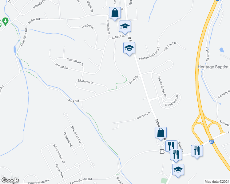 map of restaurants, bars, coffee shops, grocery stores, and more near 219 Beck Road in York