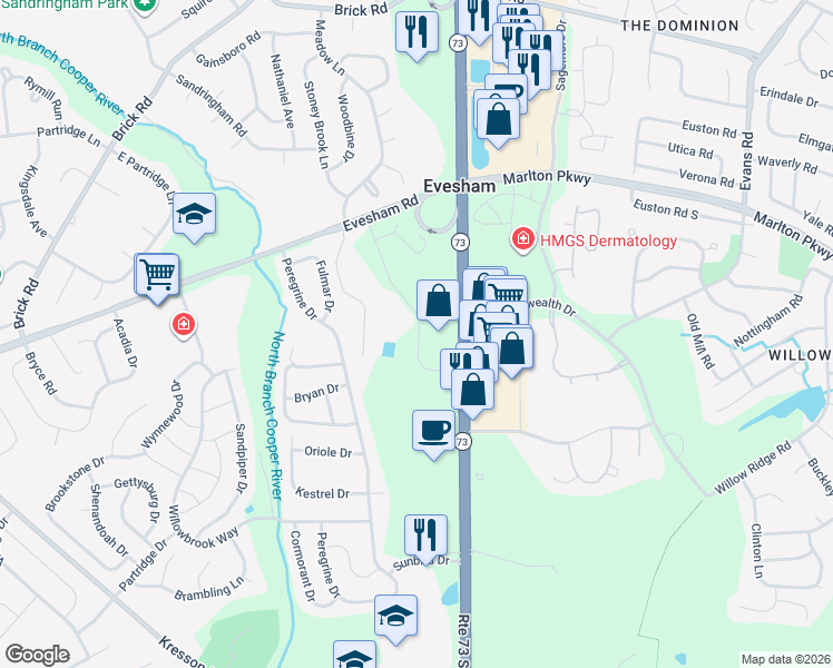 map of restaurants, bars, coffee shops, grocery stores, and more near 4 Executive Drive in Evesham Township