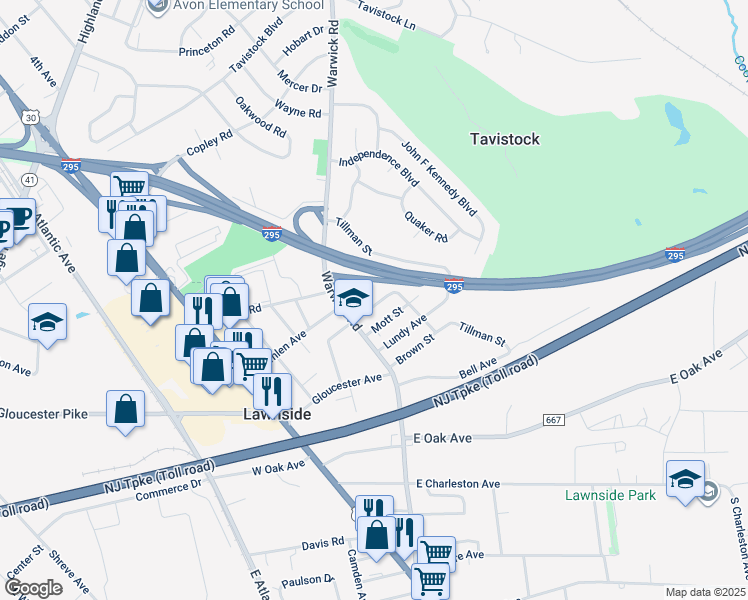 map of restaurants, bars, coffee shops, grocery stores, and more near 27 E Phoenix Ave in Lawnside