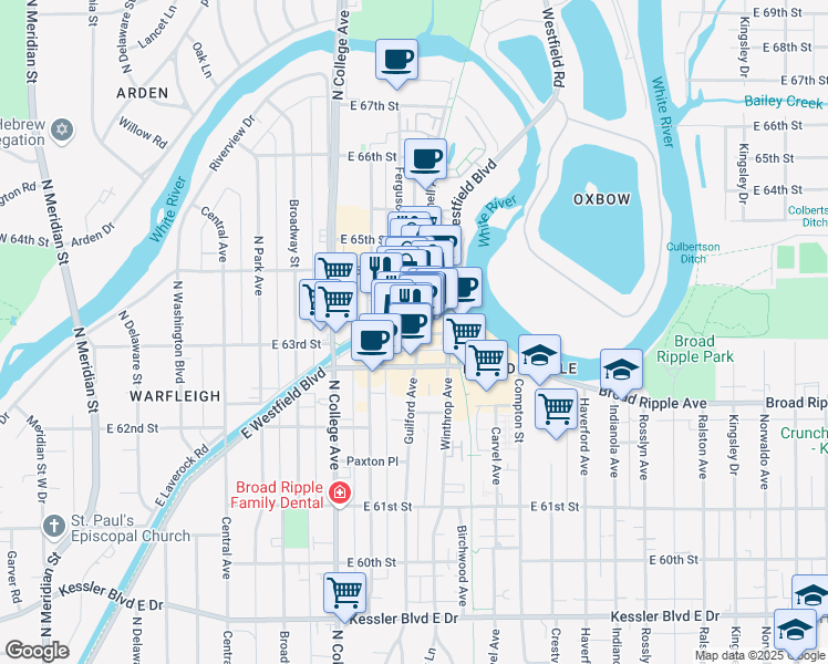 map of restaurants, bars, coffee shops, grocery stores, and more near 6330 Guilford Avenue in Indianapolis