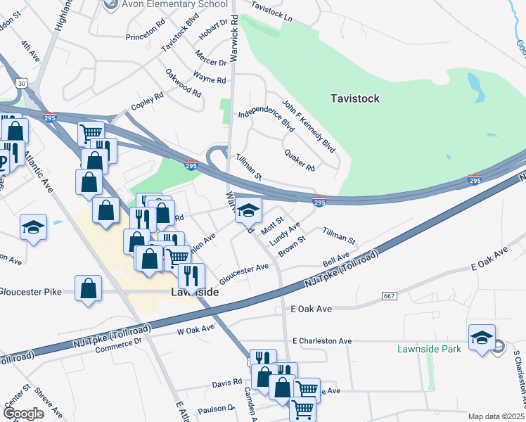 map of restaurants, bars, coffee shops, grocery stores, and more near 27 East Phoenix Avenue in Lawnside