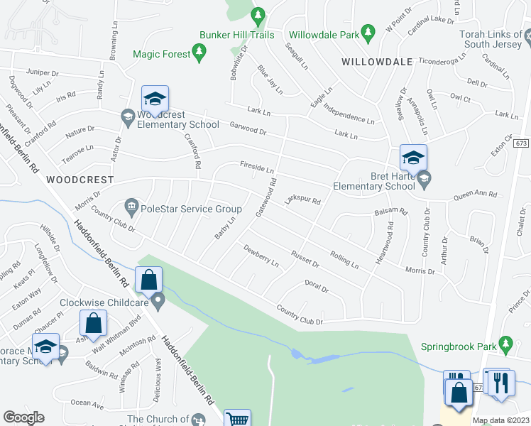 map of restaurants, bars, coffee shops, grocery stores, and more near 501 Gatewood Road in Cherry Hill