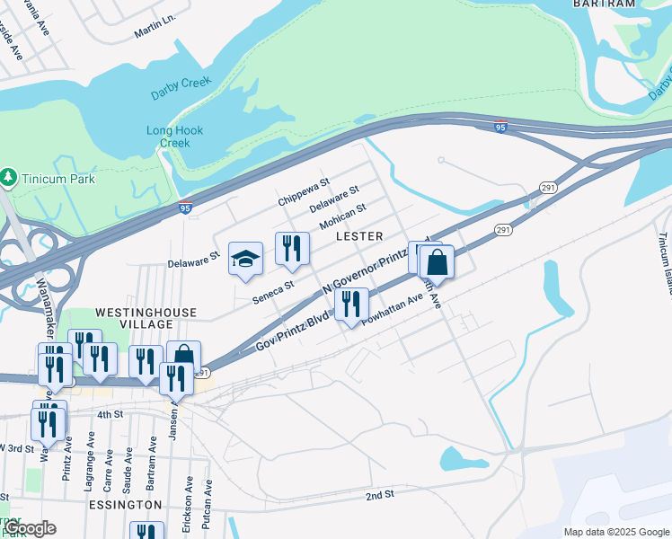 map of restaurants, bars, coffee shops, grocery stores, and more near 215 Seneca Street in Tinicum Township
