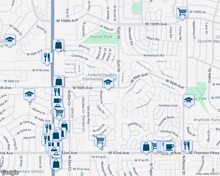 map of restaurants, bars, coffee shops, grocery stores, and more near 2500 West 96th Avenue in Federal Heights