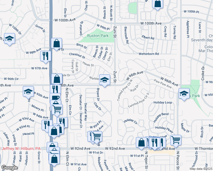 map of restaurants, bars, coffee shops, grocery stores, and more near 2500 West 96th Avenue in Federal Heights