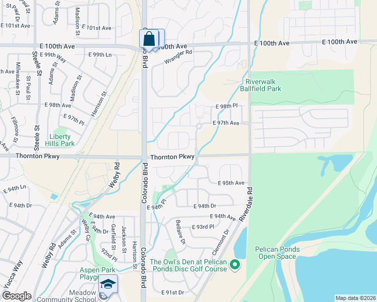 map of restaurants, bars, coffee shops, grocery stores, and more near 9642 Birch Lane in Thornton