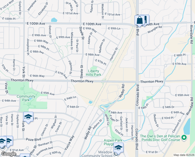 map of restaurants, bars, coffee shops, grocery stores, and more near 3401 East 96th Place in Thornton