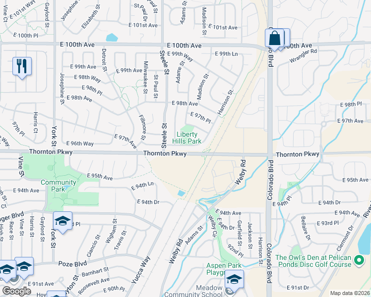 map of restaurants, bars, coffee shops, grocery stores, and more near 3401 East 96th Place in Thornton