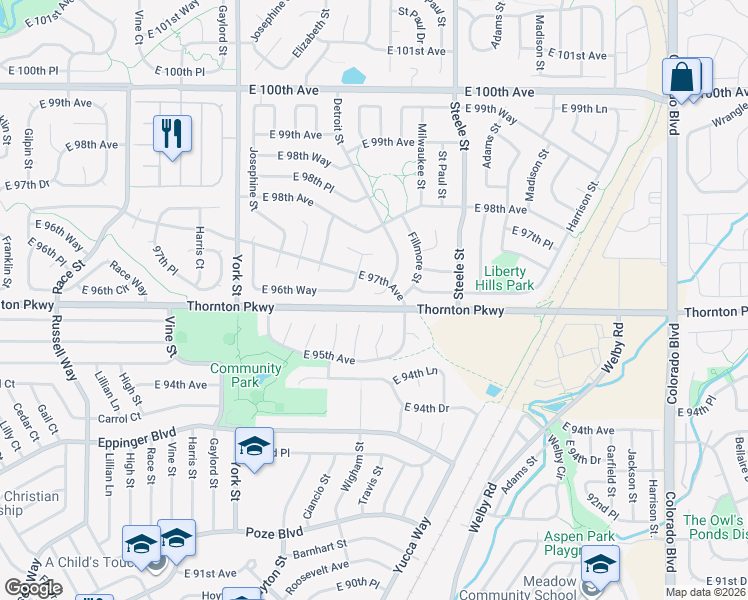 map of restaurants, bars, coffee shops, grocery stores, and more near 2754 East 97th Avenue in Thornton