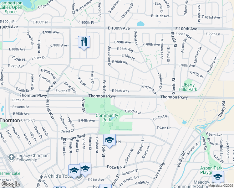 map of restaurants, bars, coffee shops, grocery stores, and more near 2463 East 96th Way in Thornton