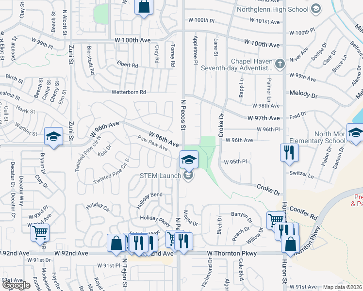 map of restaurants, bars, coffee shops, grocery stores, and more near 9615 North Pecos Street in Thornton