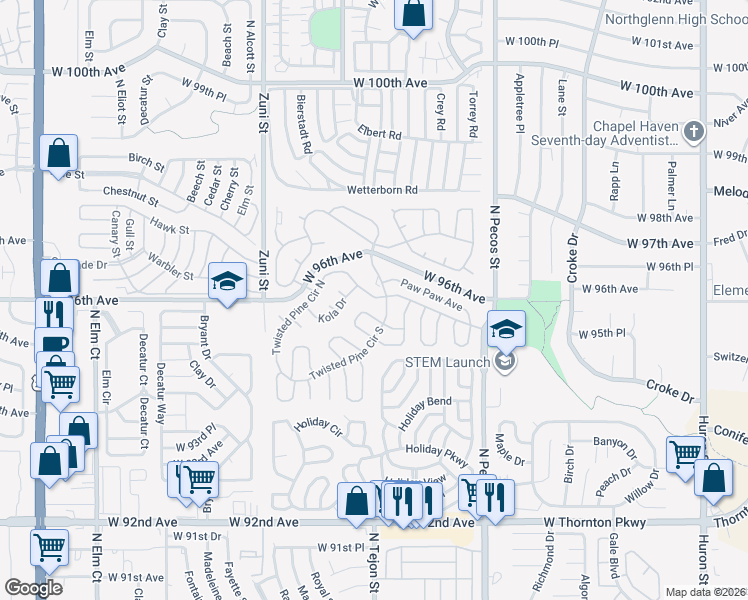 map of restaurants, bars, coffee shops, grocery stores, and more near 9595 North Pecos Street in Thornton