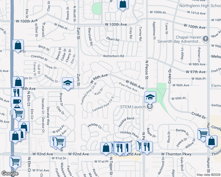 map of restaurants, bars, coffee shops, grocery stores, and more near 9595 North Pecos Street in Thornton