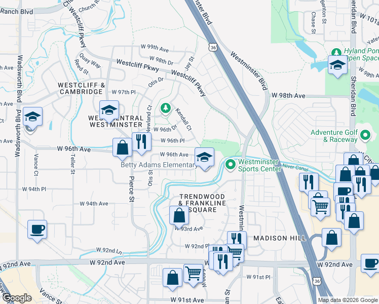 map of restaurants, bars, coffee shops, grocery stores, and more near 6398 West 96th Place in Westminster