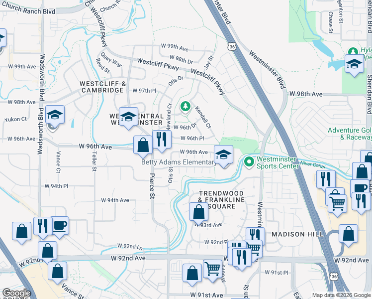 map of restaurants, bars, coffee shops, grocery stores, and more near 6510 West 96th Place in Westminster