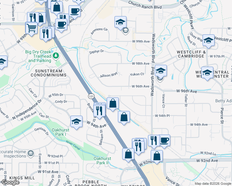 map of restaurants, bars, coffee shops, grocery stores, and more near 8041 West 96th Avenue in Westminster