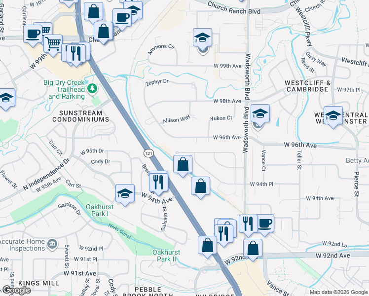 map of restaurants, bars, coffee shops, grocery stores, and more near 8041 West 96th Avenue in Westminster