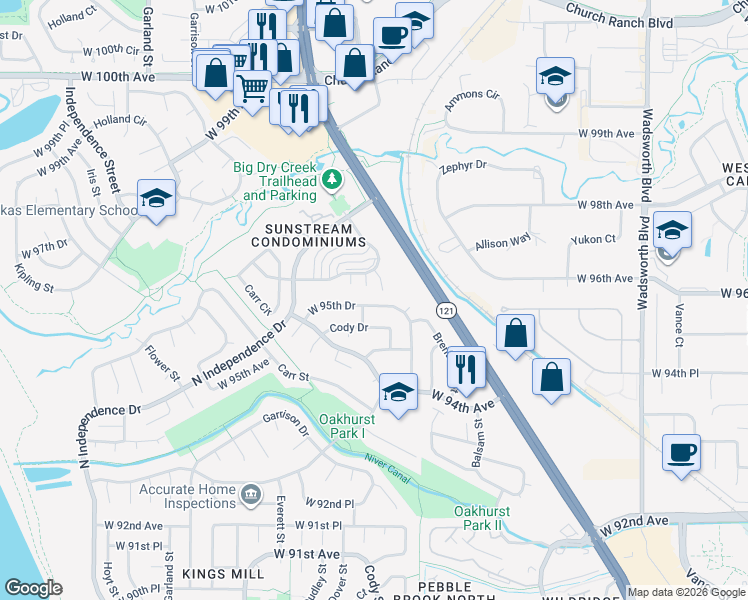 map of restaurants, bars, coffee shops, grocery stores, and more near 9604 Brentwood Way in Westminster
