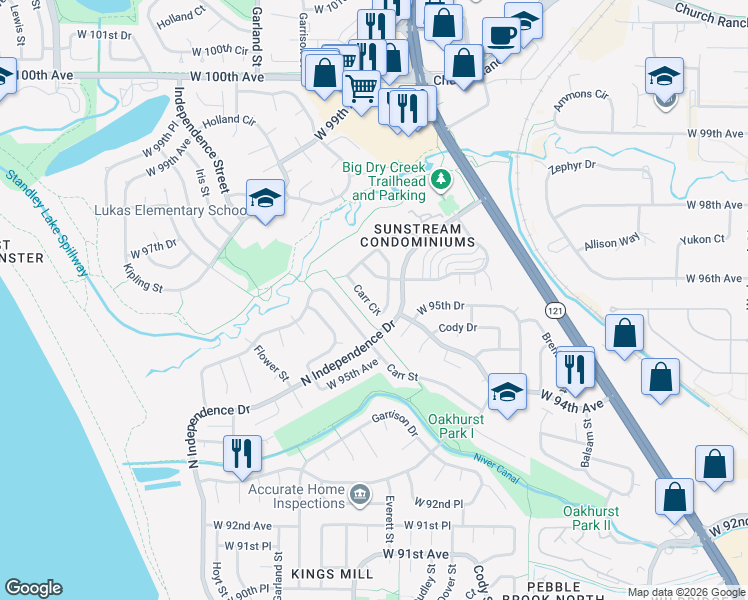 map of restaurants, bars, coffee shops, grocery stores, and more near 9702 Carr Circle in Westminster
