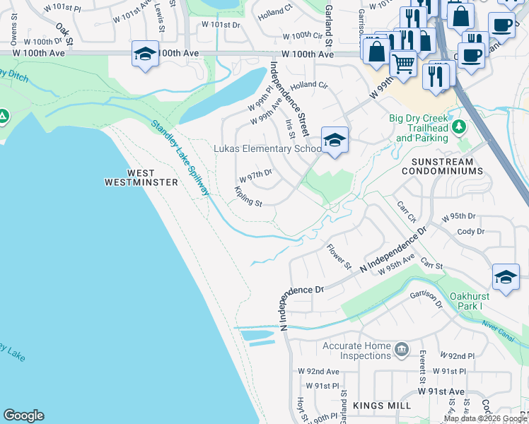 map of restaurants, bars, coffee shops, grocery stores, and more near 9738 West 97th Place in Westminster