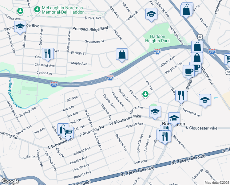 map of restaurants, bars, coffee shops, grocery stores, and more near 469 Thomas Avenue in Barrington